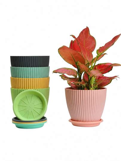 1 pieza Maceta redonda con plato a juego, maceta con diseño de drenaje y nervaduras verticales, múltiples tamaños y colores, para flores, suculentas, hierbas y plantas verdes, decoración para interiores, exteriores, hogar, oficina, patio y jardín