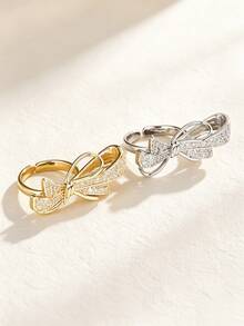1pc Luxury Rhinestone Bow Open Ring For Women, Gold-Plated Zirconia Inlaid Adjustable Finger Ring, Niche Delicate Versatile Ring - Bow Ring - View 4