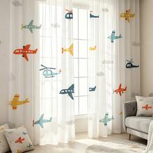 2pcs Airplane & Cloud Print Sheer Curtains, Cartoon Style, Children's Bedroom Curtains, Rod Pocket Polyester Material, Home Decor - Multicolor - View 6