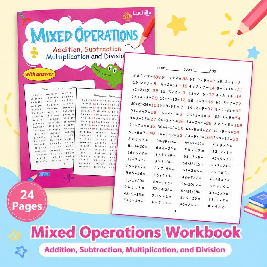 Lachilly Children's Math Workbook, Mixed Operations Practice Book, Including Addition, Subtraction, Multiplication, Division, Children's Education STEM Learning Toy