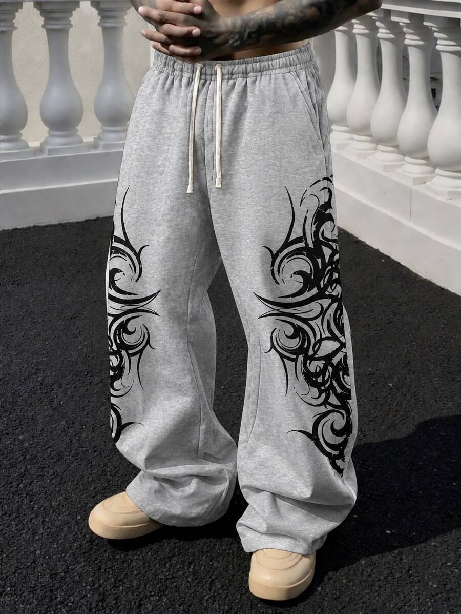 Fractyr Men's Double-Sided Totem Symmetrical Curly Pattern Wide Leg ...