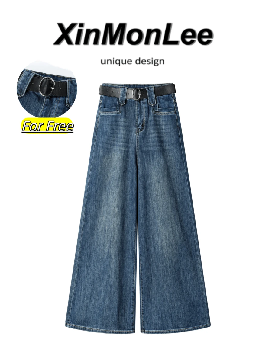 Jean à jambes larges style coréen vintage à taille haute, lavage foncé, coupe ample et amincissante, nouveau pantalon long polyvalent pour l'automne, élégant pour les voyages, les sorties décontractées et les vacances - Bleu azur - Voir 1