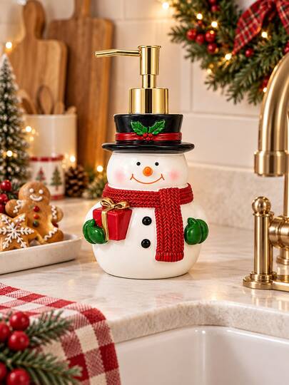 1 pieza Dispensador de jabón de baño navideño, botella de bomba de jabón y loción recargable con diseño de muñeco de nieve lindo, accesorio festivo para tocador, lavabo y encimera, decoración navideña para el hogar y el baño