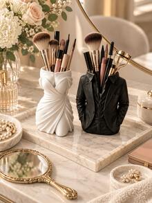 1pc Couple Makeup Brush Holder Set, Creative Lady Dress & Gentleman Suit Cosmetic Brush Organizer, Vanity Countertop Storage Cup For Brushes, Lipsticks & Beauty Tools, Bedroom Dresser Decor, Cute Gift For Women, Couples & Friends Makeup Brush Holder - Multicolor - View 4