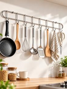 2pcs Kitchen Wall Hooks & Hanging Rod, Kitchen Utensil Storage Rack, Drill-In Or Adhesive Installation (No Drilling Required), Includes Mounting Accessories, Suitable For Storing Spatulas, Ladles, Whisks, Towels And Cookware - Multicolor - View 5