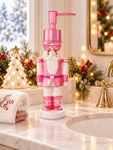 1pc Pink Christmas Bathroom Soap Dispenser, Nutcracker Design Refillable Liquid Hand Soap And Lotion Pump Bottle, Cute Vanity Sink Countertop Holiday Bathroom Decor - Multicolor - View 3