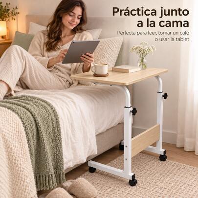 Tavolino Ausiliario con Ruote Regolabile in Altezza, Tavolino Piccolo a C con Piano Orizzontale Ampio, Scrivania Mobile per Laptop e Computer, Tavolino da Letto e Divano, Comodino, Supporto Laptop per Camera, Soggiorno, Studio e Ufficio in Casa