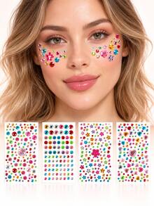 Multi-Color Self-Adhesive Face Rhinestone Stickers, Assorted Styles, Includes Mixed Round, Heart And Flower Rhinestones, Shiny Face, Body And Nail Art DIY Decoration, Suitable For Festivals, EDM Festivals And Party Makeup - Multicolor - View 5