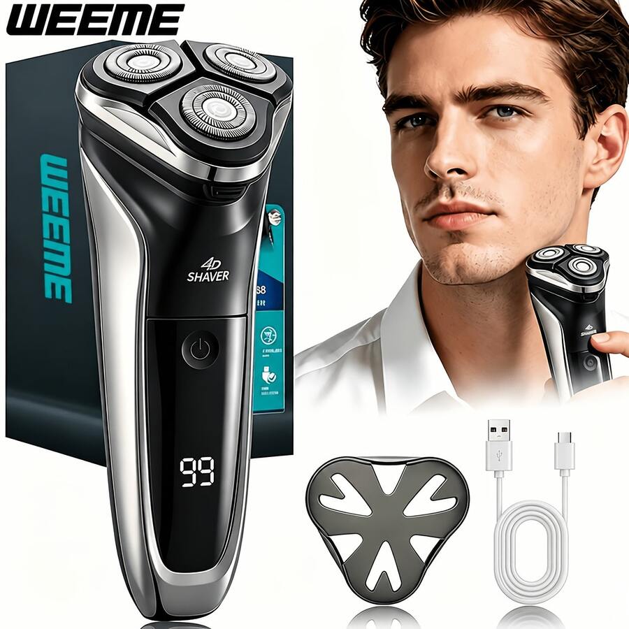 WEEME 4D Rotary Electric Shaver For Men, Triple Floating Shaving Heads, LED Digital Display, USB Rechargeable Cordless Beard Razor, Portable Men Shaver, Gift For Father Husband - Multicolor - View 1