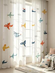 2pcs Airplane & Cloud Print Sheer Curtains, Cartoon Style, Children's Bedroom Curtains, Rod Pocket Polyester Material, Home Decor - Multicolor - View 2