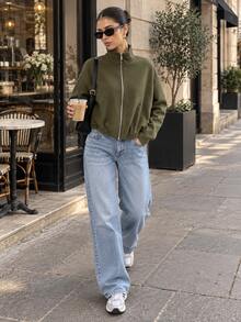 Women's Solid Color Stand Collar Long Sleeve Zipper Front Casual Jacket - Army Green - View 3