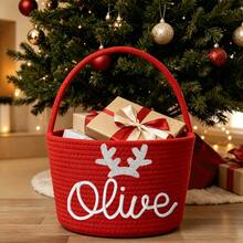 1pc Customized Handmade Embroidered Christmas Basket - Personalized Gift Basket, Party Storage Basket, Organizer Basket, Holiday Gift - Multicolor - View 23