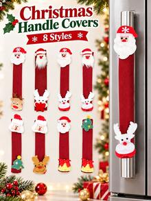 2pcs Christmas Refrigerator Door Handle Covers, Santa Claus & Reindeer Decorative Handle Protectors, Red Linen Kitchen Oven Microwave Fridge Handle Decorative Caps, Winter Holiday Home Decor - Multicolor - View 1