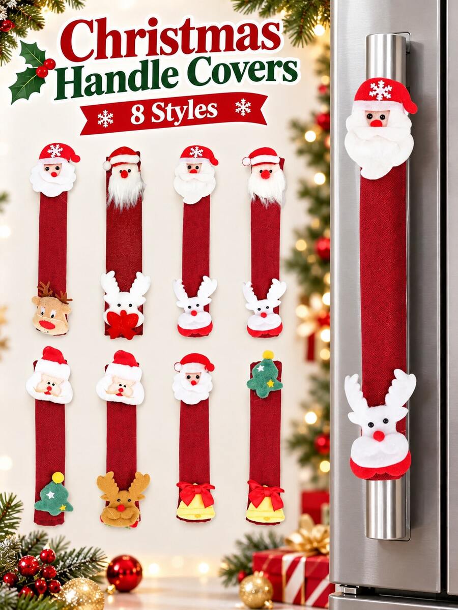 2pcs Christmas Refrigerator Door Handle Covers, Santa Claus & Reindeer Decorative Handle Protectors, Red Linen Kitchen Oven Microwave Fridge Handle Decorative Caps, Winter Holiday Home Decor - Multicolor - View 1