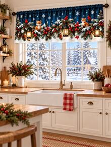 2pcs Blue Christmas Kitchen Curtain Set, Snowman Fox Cardinal Snowflake Winter Forest Print, Window Valance & Cabinet Curtain, Festive Kitchen Decor, Holiday Home Decor, Christmas Decorations For Home - Multicolor - View 13