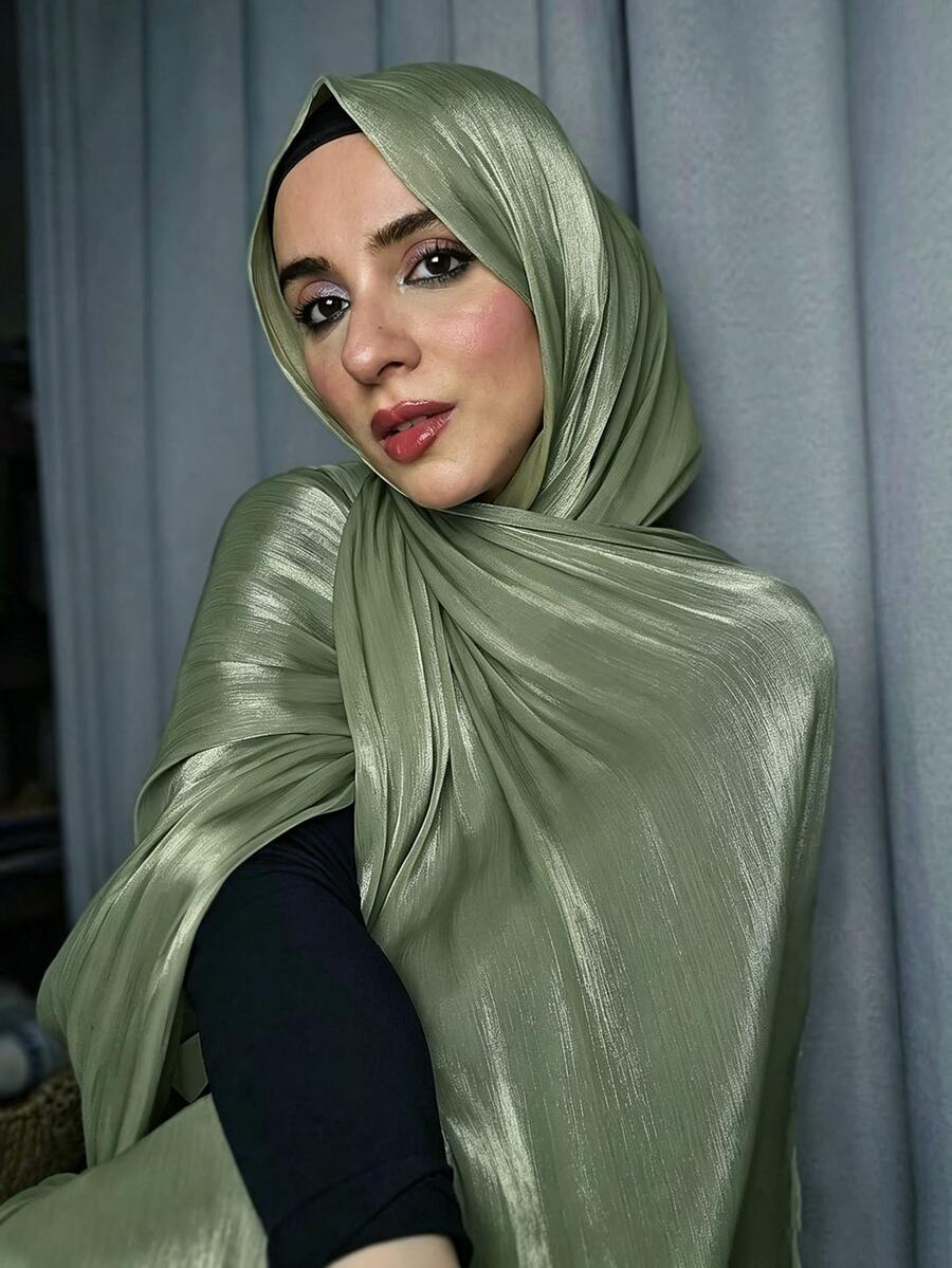 1pc Basic Solid Color Island Silk Elegant Shiny Soft Headscarf Arabic Casual Long Scarf Conservative Solid Color Headwrap Suitable For Daily Use - Green - View 1