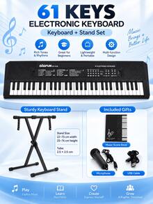 Teclado electrónico de 61 teclas con micrófono, instrumento de teclado multifuncional de entrada, alimentación dual, uso dual con enchufe y batería, instrumento musical portátil para actuaciones en el hogar, práctica musical y uso diario - Varias opciones disponibles (embalaje mejorado) - Ver 18