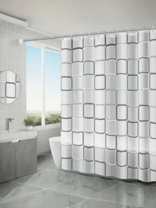 1pc Large Plaid Pattern PEVA Shower Curtain Liner With Hooks, Waterproof, Mildew-Resistant, Moisture-Proof, Rust-Proof Grommets, Bathroom Decor Curtain, Autumn Decoration, Bathroom Accessories, Back To School Season - Black and White - View 1