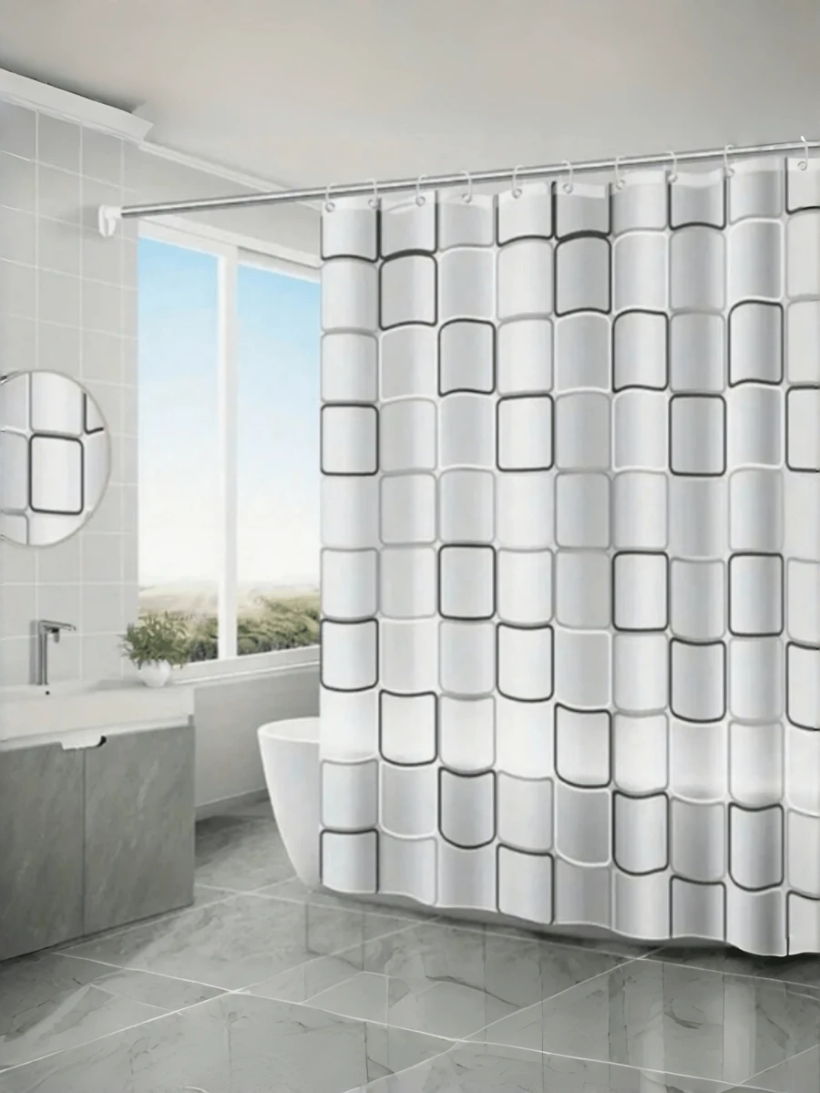 1pc Large Plaid Pattern PEVA Shower Curtain Liner With Hooks, Waterproof, Mildew-Resistant, Moisture-Proof, Rust-Proof Grommets, Bathroom Decor Curtain, Autumn Decoration, Bathroom Accessories, Back To School Season - Black and White - View 1