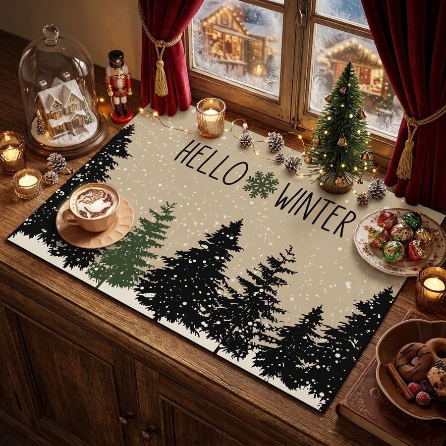 1pc Christmas Series Winter Forest Silhouette Pattern Printed Coffee Bar Mat, Drainage Mat, Coffee Machine Soft Bottom Diatomaceous Earth Drainage Mat, Soft Rubber Drainage Mat, Super Absorbent Wear-Resistant Dish Drying Mat, For Countertop Restaurant Kitchen Table Mat, Patio Dining Table Decor, Home Kitchen Supplies, Countertop Decor Mat