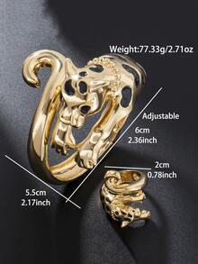 Letingsha Leopard Print Bracelet And Open Ring Set, Gold-Plated Black Enamel Spotted 3D Animal Design, Adjustable Fashion Jewelry Set, Suitable For Women's Banquet, Party And Daily Wear - Yellow Gold - View 4