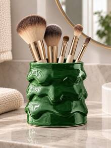 This Wavy-Textured Makeup Brush Holder-Featuring A Red And Green Color Scheme-Serves As A Decorative Vanity Organizer For Makeup Brushes And Beauty Tools. - A - View 5
