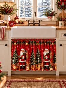 1pc-Short Christmas Window Drape Set, Red Santa Claus Christmas Tree Golden Bells Gift Box Snowflake Printed Kitchen Valance & Sink Cabinet Curtain, Rustic Holiday Window Treatment, Warm Winter Seasonal Home Decor For Farmhouse Kitchen Sink Window - Multicolor - View 5