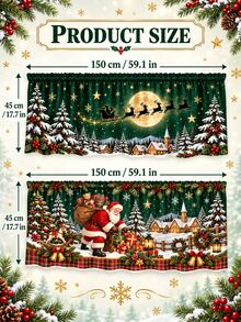 2件組綠色聖誕廚房窗簾套裝，聖誕老人雪橇馴鹿月光雪村印花，窗簾幔頭與櫥櫃窗簾，節慶廚房裝飾，冬季家居裝飾，聖誕家居裝飾 - 彩色 - 查看 7