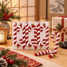 6Pcs Red White Striped Candy Cane Christmas Ornaments Set, Glitter Shiny Curved & Straight Cane Design, Xmas Tree Hanging Pendants Gift Box - one-size - View 5