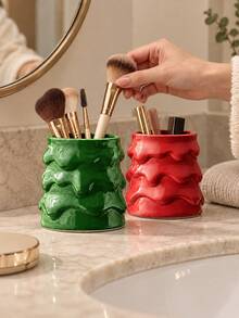 This Wavy-Textured Makeup Brush Holder-Featuring A Red And Green Color Scheme-Serves As A Decorative Vanity Organizer For Makeup Brushes And Beauty Tools. - A - View 7