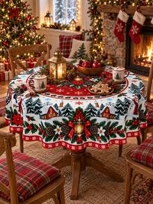 1pc Christmas Round Tablecloth, Snowman Winter Village Lantern Pinecone Print, Red Green Festive Dining Table Cover For Kitchen Decor, Holiday Party Home Decor, Christmas Decorations For Home - Multicolor - View 16