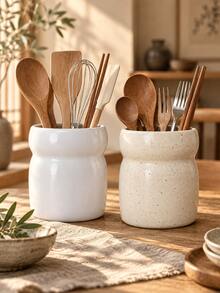 1pc Large Wide Mouth Utensil Holder, Waisted Design, 4 Colors Optional, Kitchen Counter Cooking Tool Flatware Storage Crock, Minimalist Wabi Sabi Home Decor, Housewarming Gift - Multicolor - View 9