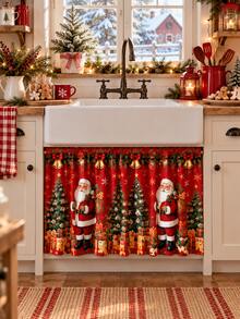1pc-Short Christmas Window Drape Set, Red Santa Claus Christmas Tree Golden Bells Gift Box Snowflake Printed Kitchen Valance & Sink Cabinet Curtain, Rustic Holiday Window Treatment, Warm Winter Seasonal Home Decor For Farmhouse Kitchen Sink Window - Multicolor - View 8
