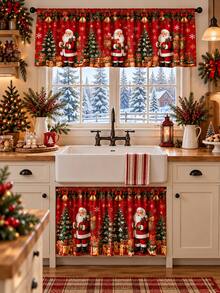 1pc-Short Christmas Window Drape Set, Red Santa Claus Christmas Tree Golden Bells Gift Box Snowflake Printed Kitchen Valance & Sink Cabinet Curtain, Rustic Holiday Window Treatment, Warm Winter Seasonal Home Decor For Farmhouse Kitchen Sink Window - Multicolor - View 1