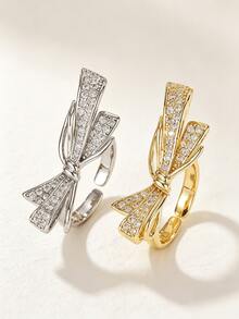 1pc Luxury Rhinestone Bow Open Ring For Women, Gold-Plated Zirconia Inlaid Adjustable Finger Ring, Niche Delicate Versatile Ring - Bow Ring - View 2