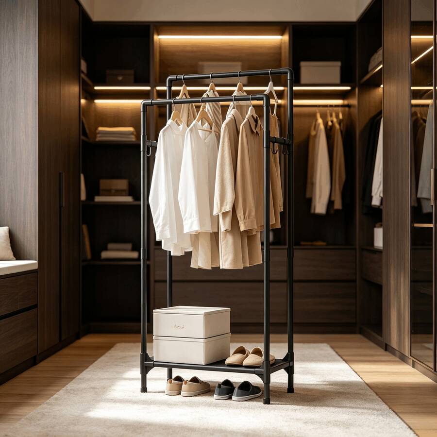 حامل معاطف قائم طويل مطور، تصميم تعليق مزدوج الارتفاع، يمنع الملابس الطويلة من السحب والتجعد، رف تخزين الأحذية في الأسفل، خطافات جانبية للتنظيم، حامل ملابس قائم منزلي من أنبوب فولاذي سميك - علاقة ملابس أرضية مزدوجة الطبقات مزدوجة الصفوف - مشاهدة 1