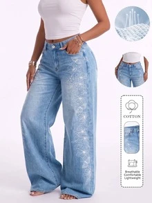 Low Waist Wide Leg Casual Blue Slanted Pocket Curved Leg Women's Jeans - Medium Wash - View 3