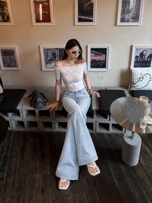 YEAE | American Style Hot Girl Low Waist Wide Leg Flared Jeans Slimming Elastic Denim Pants Solid Color Casual Fall - Light Wash - View 7