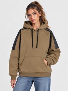 Women's Khaki Contrast Panel Hoodie, Relaxed Pullover Sweatshirt With Kangaroo Pocket, Casual Streetwear - Coffee Brown - View 7