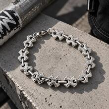 Silver Men's X-Shaped Spider Web Pattern Bracelet, Vintage Embossed Cross Chain, Streetwear Cargo Style Style Accessory - Silver - View 3