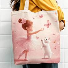1pc Ballet Fantasy Tote Bag - Featuring Charming Little Ballerina And A Cat Surrounded By Butterflies, Durable, Easy To Hand Clean, Spacious Reusable Shopping Bag, Suitable For Women's Fashion And Daily Use - Multicolor - View 4