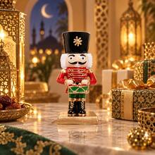1pc Classic Red Gold Drum Playing Nutcracker Soldier Resin Figurine, Christmas Tabletop Decor, Glossy Xmas Drummer Statue For Home Holiday Display - one-size - View 3