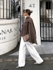 Women's Casual Oversized Poncho Style Knit Cardigan, Daily Wear - Coffee Brown - View 4