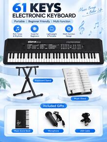 Teclado electrónico de 61 teclas con micrófono, instrumento de teclado multifuncional de entrada, alimentación dual, uso dual con enchufe y batería, instrumento musical portátil para actuaciones en el hogar, práctica musical y uso diario - Varias opciones disponibles (embalaje mejorado) - Ver 26