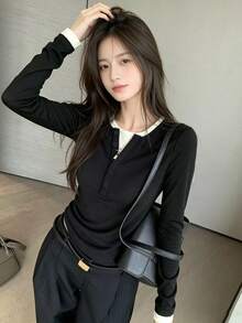 Contrast Color 2 In 1/Deconstructed Daily Home Early Autumn Long Sleeve Women's T-Shirt - Black - View 5