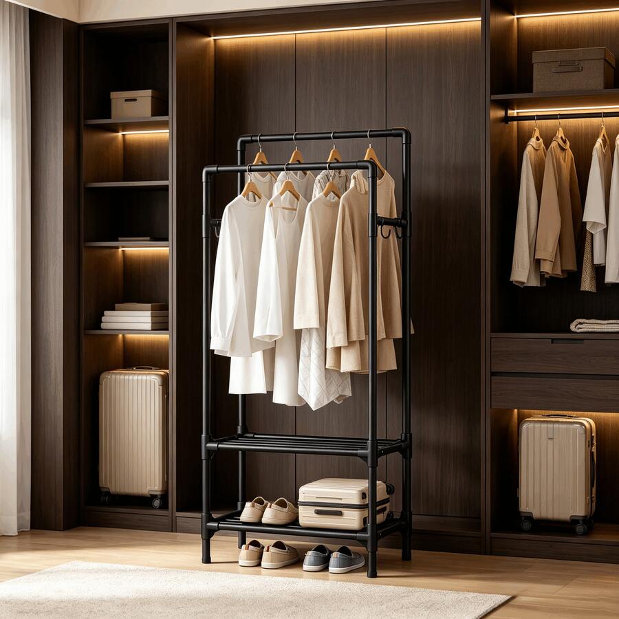 All-In-One Floor Standing Luggage, Shoe And Clothing Storage Rack, Vertical Coat Rack With High And Low Double Hanging Bars, Staggered Placement For Long And Short Garments, Side Hooks For Personal Items, Bottom Compartment Shoe Rack, Multifunctional Storage Rack For Bedroom And Entryway - Black and White - View 1