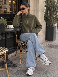 Women's Solid Color Stand Collar Long Sleeve Zipper Front Casual Jacket - Army Green - View 2