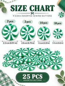 25pcs Mixed Christmas Peppermint Candy Buttons - Green & White Striped 4-Hole Resin Buttons, Assorted Sizes, Suitable For Holiday Themed Sewing Projects, Such As Christmas Ugly Sweaters, Christmas Stocking Decorations, Gift Wrapping And DIY Crafts - Christmas Green - View 5