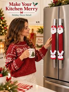 2pcs Christmas Refrigerator Door Handle Covers, Santa Claus & Reindeer Decorative Handle Protectors, Red Linen Kitchen Oven Microwave Fridge Handle Decorative Caps, Winter Holiday Home Decor - Multicolor - View 3
