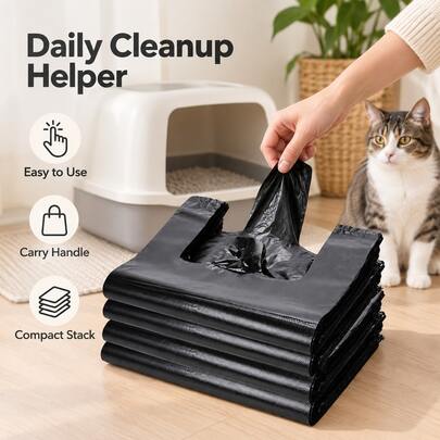 100PCS Disposable Cat Litter Waste Bags With Handles, 28 X 18cm Black Pet Poop Bags, Easy Carry Pet Waste Bags For Cat Litter Box Cleanup, Dog Waste & Daily Pet Cleaning